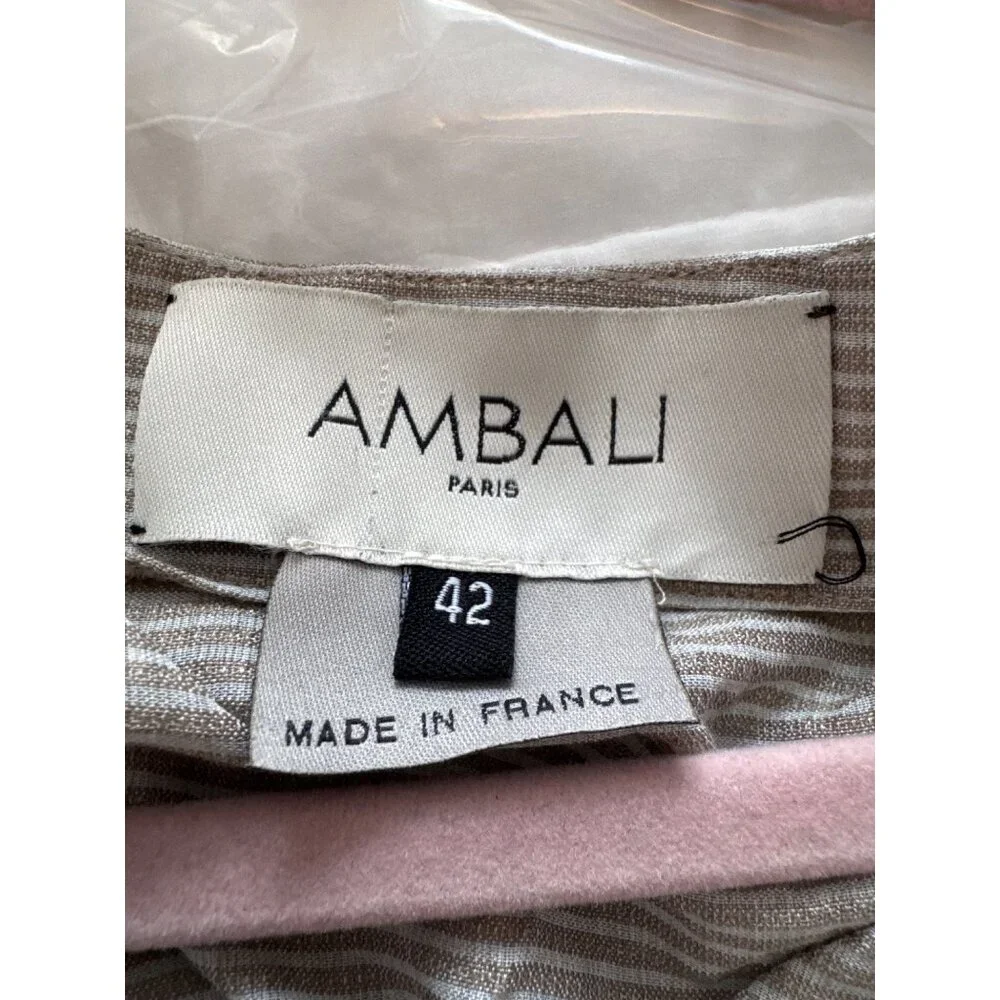 AMBALI Paris Dress US Size 10 Striped Pleated Taupe White Made in France Size 42 - Picture 8 of 12